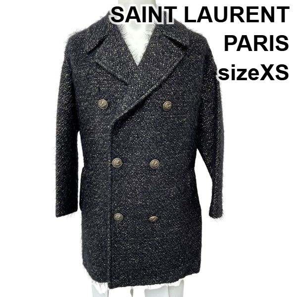 【中古】サンローランパリ SAINT LAURENT PARIS ピーコート ロングコート アウター 長袖 ウールコート 黒 毛 アンゴラ混 F36 XS メンズ S5W142