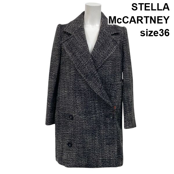 【中古】ステラマッカートニー STELLA McCARTNEY ツイードコート チェスターコート ダブルブレスト 白 黒 毛混 36 S 7号 レディース S5W231｜BRANKASTA 店