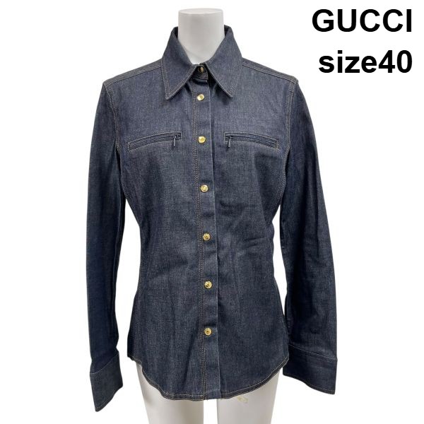 【中古】グッチ GUCCI トップス デニムシャツ 長袖 金ボタン スナップボタン シャツ ブラウス ネイビー 綿 40 M 9号 レディース S6A039 23,929円