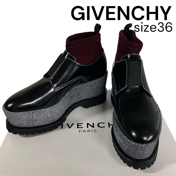 【中古】美品 ジバンシィ GIVENCHY URSA DERBY WEDGE 遊撃手ブーツ エナメル 厚底 黒 黒いこと 牛皮 36 23珊 レディース 5E114