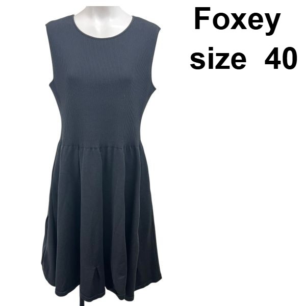 【中古】フォクシー Foxey ワンピース リブニット ノースリーブ フレア 黒 綿 40 M レディース S6A059