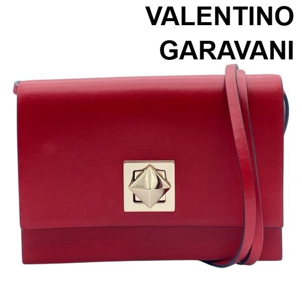 【中古】美品 ヴァレンティノガラヴァーニ VALENTINO GARAVANI ミニショルダーバッグ クラッチペダル御徒面子 ロックスタッズ 赤 なめし革 レディース 5E201 レディースファッション-その他