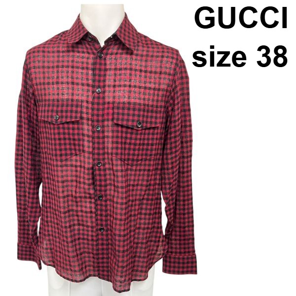 【中古】グッチ GUCCI シャツ チェック 薄手 赤 黒 ウール 38/15 M~L メンズ S5W199|BRANKASTA 店