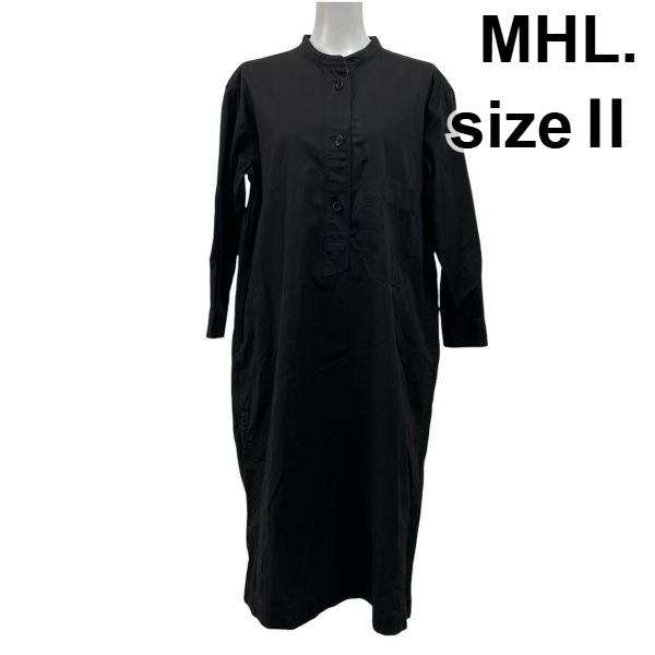 【中古】エムエイチエル MHL. シャツワンピース ロング丈 七分袖 スタンドカラー Iライン 黒 ブラック コットン100％ 2 M 9 レディース S5Y391
