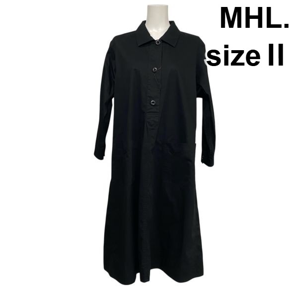 【中古】美品 エムエイチエル MHL. シャツワンピース ロング丈 長袖 ハーフボタン プルオーバー 黒 コットン100％ 2 M 9号 レディース S5Y721