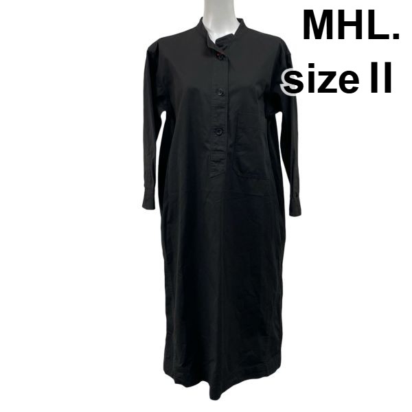 【中古】エムエイチエル MHL. シャツワンピース ロング丈 七分袖 スタンドカラー Iライン 黒 ブラック コットン100% 2 M 9号 レディース S5Y392|BRANKASTA 店