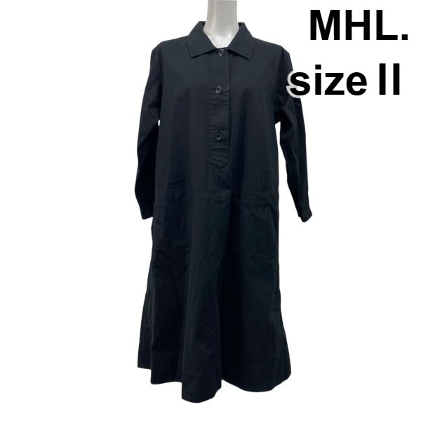【中古】エムエイチエル MHL. シャツワンピース ロング丈 七分袖 ハーフボタン Iライン 黒 ブラック コットン100% 2 M 9号 レディース S5Y448|BRANKASTA 店
