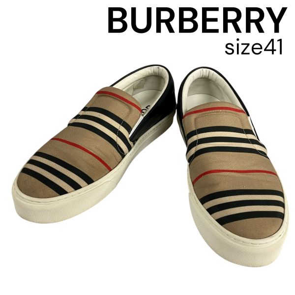 【中古】バーバリー BURBERRY トンプソン ローカットスニーカー スリッポン アイコンストライプ レザー キャンバス 41 26～26.5cm メンズ 5E260