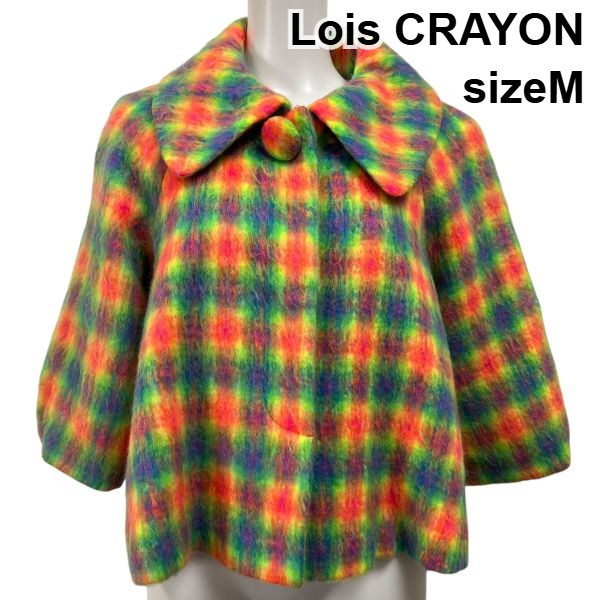 【中古】ロイスクレヨン Lois CRAYON コート アウター 五分袖 個性的 襟 蛍光色 チェック柄 蛍光イエロー ピンク 毛 M 9号 レディース S5X526