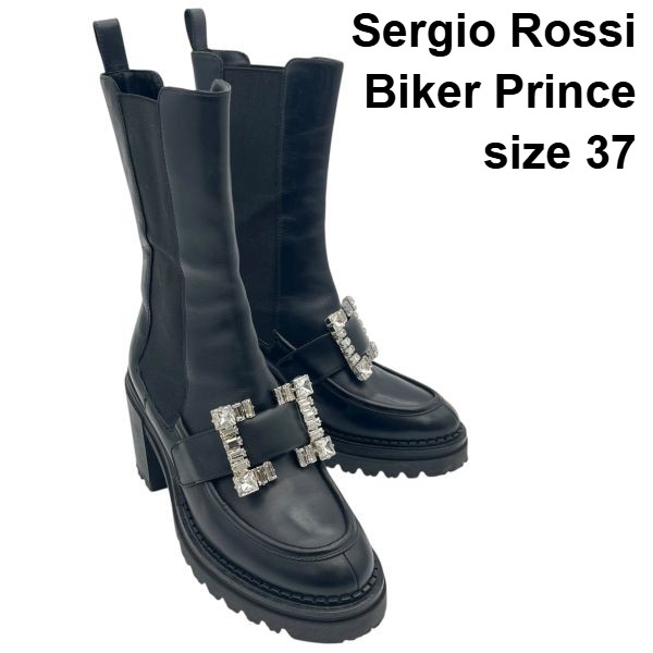 【中古】セルジオロッシ Sergio Rossi ブーツ バイカー プリンス Biker Prince サイドゴア ビジュー 黒 レザー 37 約23.5cm レディース S5X219｜BRANKASTA 店