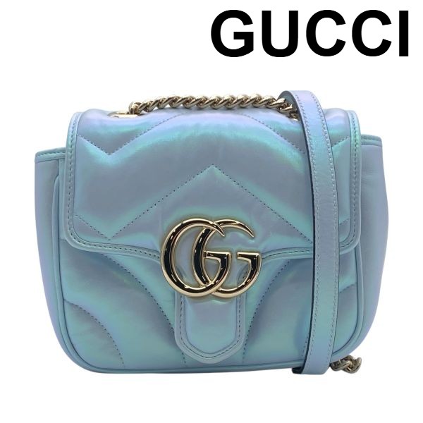 【中古】グッチ GUCCI ミニ チェーンショルダーバッグ クロスボディバッグ GGマーモント マテラッセ オーロラブルー レザー レディース 5E342