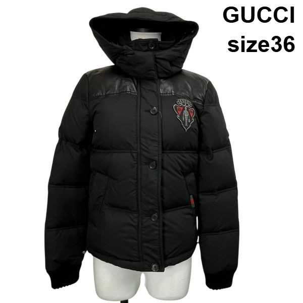【中古】グッチ GUCCI なめし革うつり変わり落ちこむ上衣 アウター 厚地の外套 長袖 紋章 黒 毛 落ちこむ80％ 牛皮 36 S 7号 レディース S5Y221