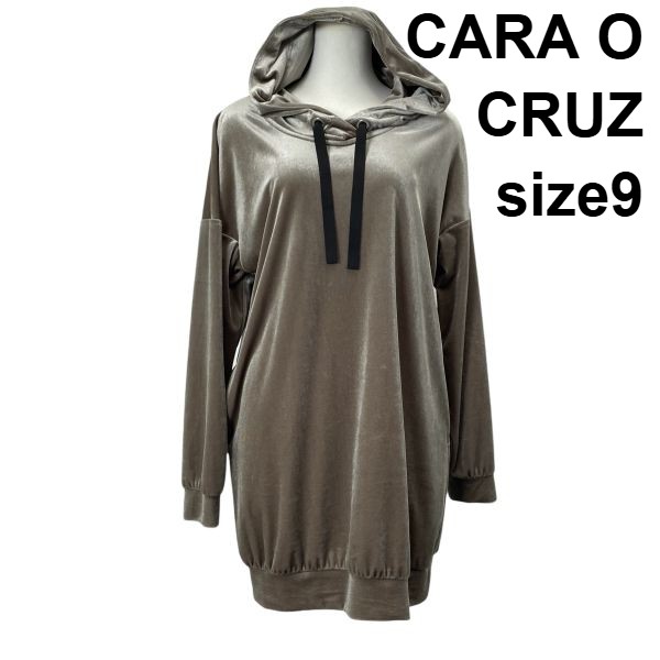 【中古】キャラオクルス CARA O CRUZ フーデッドチュニック 長袖 フード パーカー ミドル丈ベロア調 グレージュ 9 M 9号 レディース S5Y387