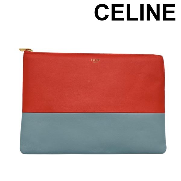 【中古】美品 セリーヌ CELINE ソロ クラッチペダル御徒面子 二つ目御徒面子 合切袋 iPad入れもの 赤 薄墨色 バイ色つや カーフスキン レディース 5E392