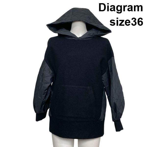 【中古】ダイアグラム Diagram ジャージオーバー プルオーバー パーカー フード 長袖 キルティング 黒 ブラック ウール混 36 レディース S6A130