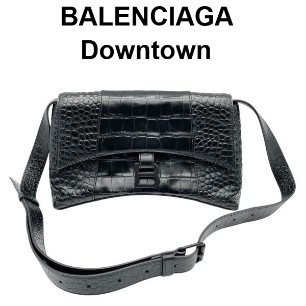 【中古】バレンシアガ BALENCIAGA ショルダーバッグ ダウンタウン クロコダイル型押し 黒 エクストラサプルカーフスキン レディース S5Y400|BRANKASTA 店