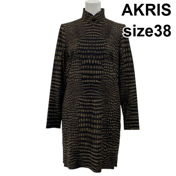 【中古】アク栗鼠 AKRIS プルオーバー衣装 上衣 膝丈 長袖 ハイネック 幾何学学飾りつけ 赤銅色系 羊毛100％ 38 M 9号 レディース S5Y464