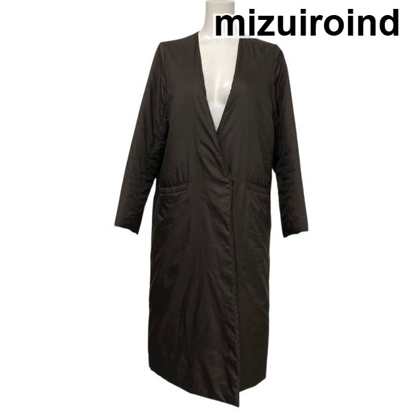 【中古】ミズイロインド mizuiroind ノーカラーコート 長袖 ロング丈 Vネック 中綿 ダークブラウン サイズF レディース S5Y667|BRANKASTA 店