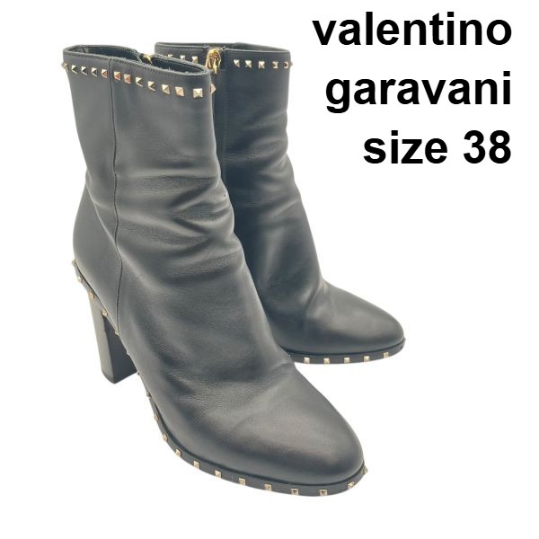 【中古】ヴァレンティノガラヴァーニ valentino garavani ブーティ ロックスタッズ サイドジップ 黒 レザー 38 24.5cm前後 レディース 6V037