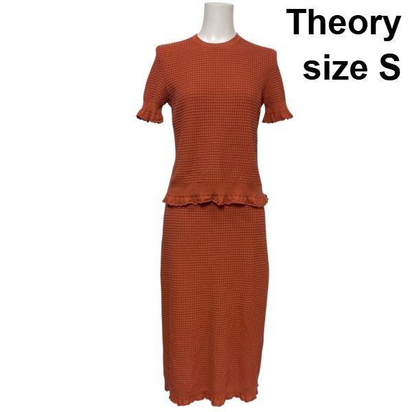 【中古】セオリー Theory スカートセットアップ ニットプルオーバー 半袖 ロングスカート ワッフル編み オレンジ 綿混 S 7号 レディース S6A227｜BRANKASTA 店