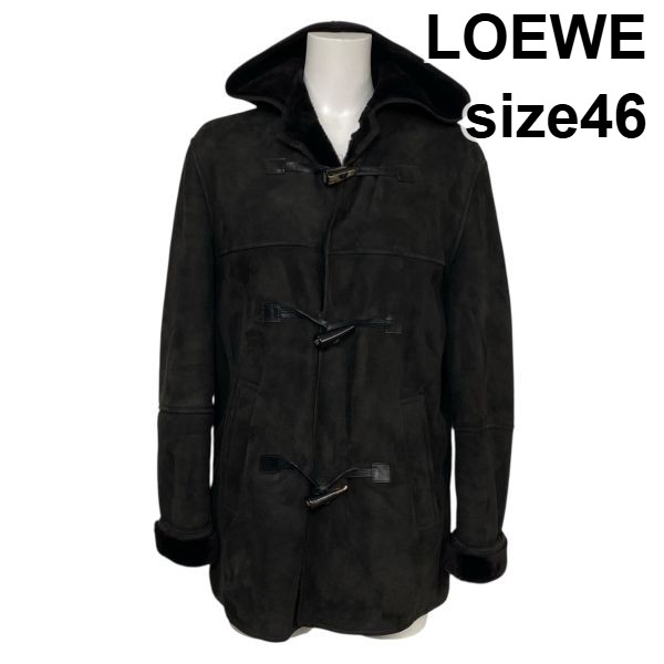 【中古】ロエベ LOEWE ムートンダッフルコート 長袖 ミドル丈 フード スエード調 チャコールブラウン ラムレザー 46 M メンズ S5Y526｜BRANKASTA 店 77,440円