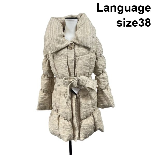 【中古】言葉づかい Language アウター 落ち込む上衣 厚地の外套 ロング 長袖 ツィード ベージュ 毛 落ち込む 38 M 9号 レディース S5Y696