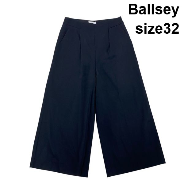 【中古】ボールジィ Ballsey ワイドパンツ スラックス センタープレス タック セミワイド 黒 ブラック ウール混 32 M 9号 レディース S6A243
