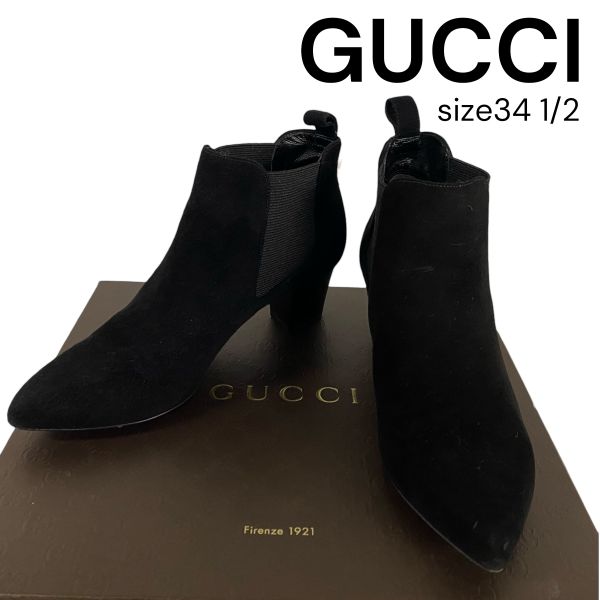 【中古】グッチ GUCCI スエードサイドゴアブーツ チェルシーブーツ チャンキーヒール ポインテッドトゥ 黒 34 1/2 21.5糎 レディース 6D003