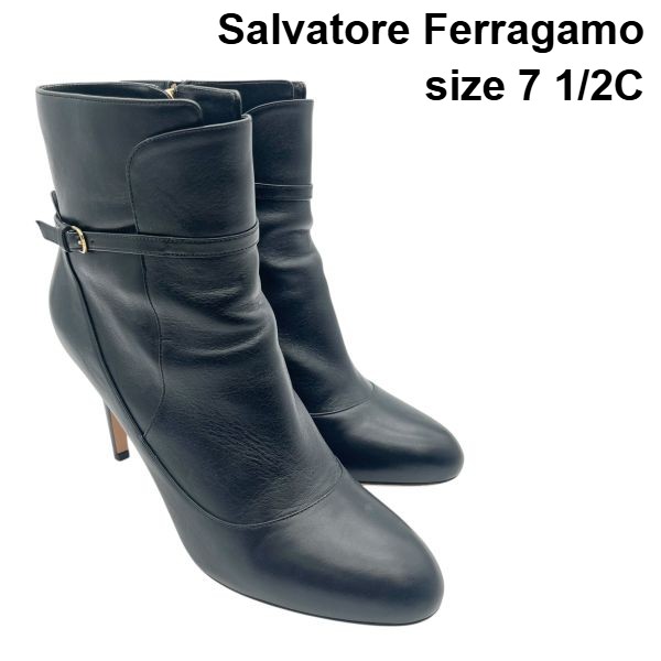 【中古】サルヴァトーレフェラガモ Salvatore Ferragamo 遊撃手ブーツ サイドジップ ブーティ 黒 なめし革 7 1/2C 24.5糎 レディース 6V056