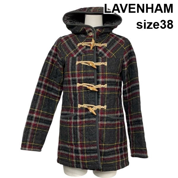 【中古】ラベンハム LAVENHAM ダッフルコート 長袖 ボンネット 照合のしるし柄 中綿 薄墨色 マルチ色つや 羊毛100％ 38 M 9号 レディース S6A006