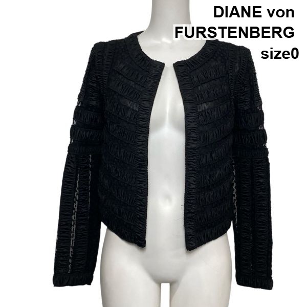 【中古】ダイアンフォンファステンバーグ DIANE von FURSTENBERG ノーカラージャケット 長袖 ギャザー 黒 コットン混 0 S 7号 レディース S6A192｜BRANKASTA 店 10,560円