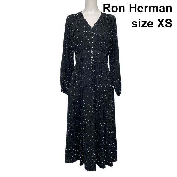 【中古】ロンハーマン Ron Herman スノードロップフロッキードレス ロングワンピース 長袖 Vネック フレア 黒 XS 5号 レディース S6A237|BRANKASTA 店