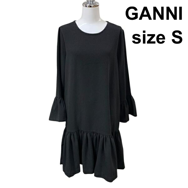 【中古】ガニー GANNI ワンピース ミモレ丈 七分袖 ラウンドネック キャンディスリーブ 袖フリル 裾フリル 黒 S 7号 レディース H5Z037｜BRANKASTA 店