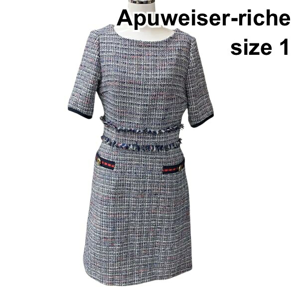 【中古】アプワイザーリッシェ Apuweiser-riche ワンピース 膝丈 半袖 ボートネック ファンシーツイード 水色他 綿混 1 S 7号 レディース H6A026