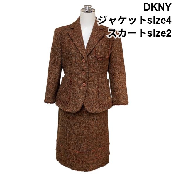 【中古】ダナキャラン DKNY スカートスーツ テーラード七分袖ジャケット 膝丈タイトスカート ブラウン ウール size4・2 レディース H6A003 7,409円