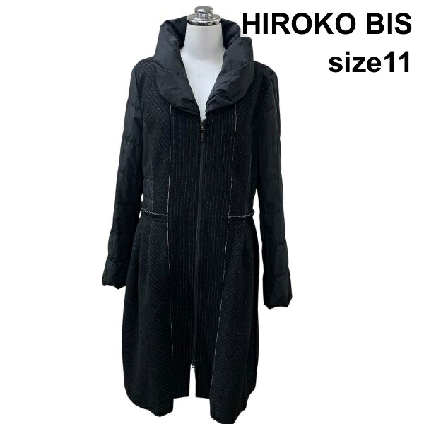 【中古】ヒロコ螺旋釘 HIROKO BIS パデットコート 長袖 ロング丈 ダブルジップ 中綿 アウター 黒 毛 綿 11 L レディース H5Z104 その他-レディースファッション