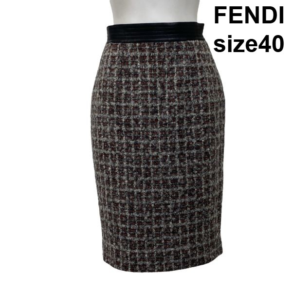 【中古】フェンディ FENDI ツイードスカート タイト 膝丈 グレー系 ウール アルパカ 40 S 7号 レディース S5V360｜BRANKASTA 店