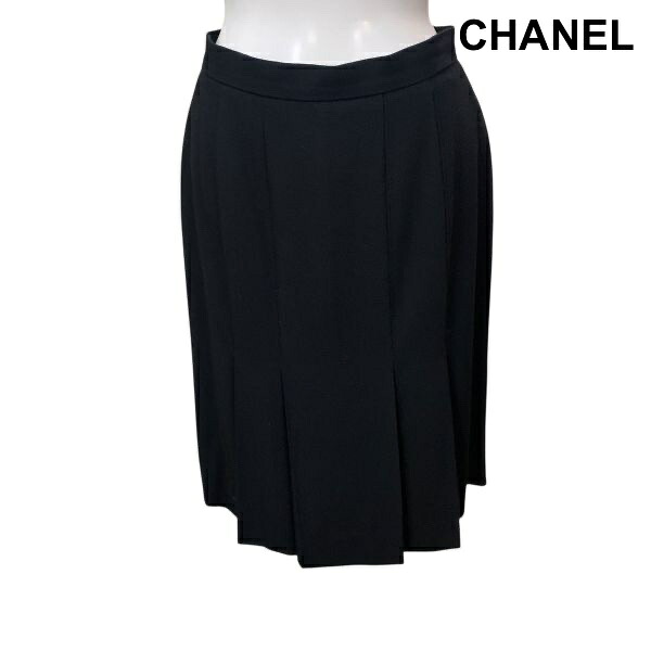 【中古】シャネル CHANEL スカート 膝丈 ボックスプリーツ 黒 ウール シルク 38 M 9号 レディース H5Y042｜BRANKASTA 店