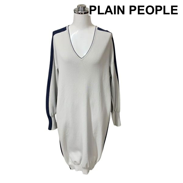 【中古】プレインピープル PLAIN PEOPLE ニットワンピース 長袖 膝丈 深Vネック チュニック グレー ネイビー 3 L 11号 レディース H5Y035 10,842円