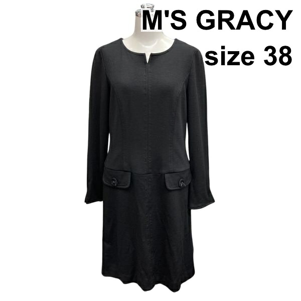 【中古】エムズグレイシー M'S GRACY ワンピース 膝丈 ミモレ丈 長袖 スリットネック 黒 ウール 38 M レディース B5Y050｜BRANKASTA 店