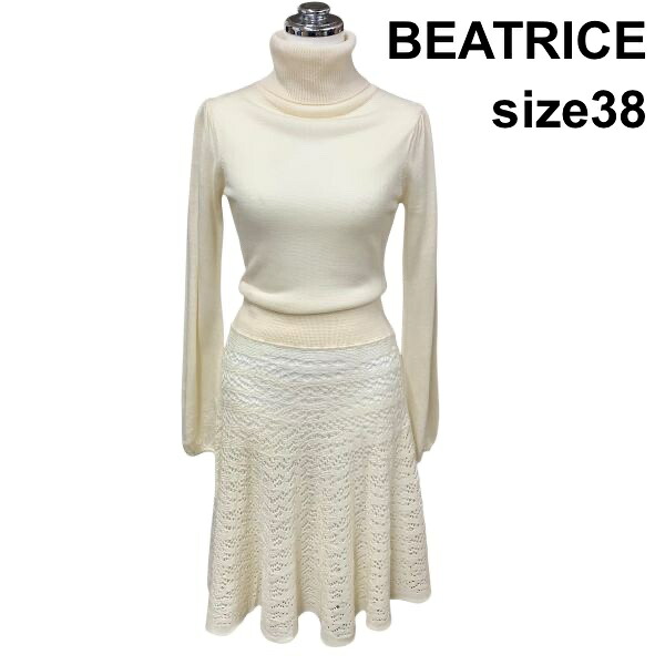 【中古】ベアトリス BEATRICE ワンピース 長袖 ひざ丈 タートルネック ニット オフホワイト 毛 38 M 9号 レディース H6A071
