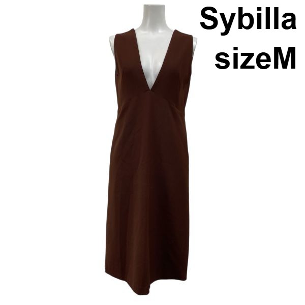 【中古】シビラ Sybilla Vネックジャンパースカート ロング丈 ノースリーブ 重ね着 セミフレア ブラウン M 9号 レディース S5Y326