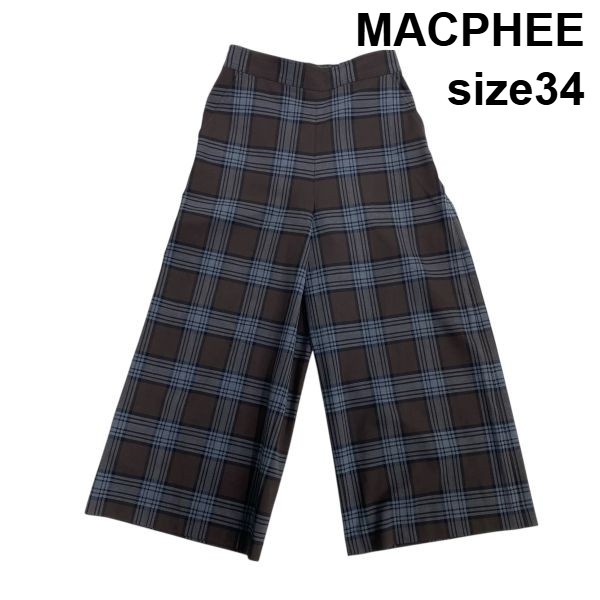 【中古】マカフィー MACPHEE ワイドパンツ クロップドパンツ チェック柄 格子柄 ブラウン グレー ウール混 34 M 9号 レディース S6A292