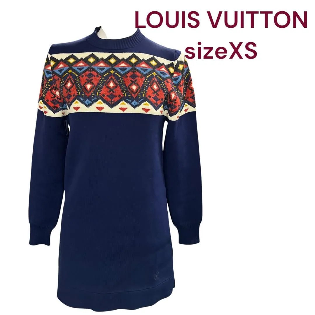 【中古】美品 LOUIS VUITTON レトロ ヴィンテージ調 編み物 スウェーター 紺 米国海軍 柄 青系 M4J600