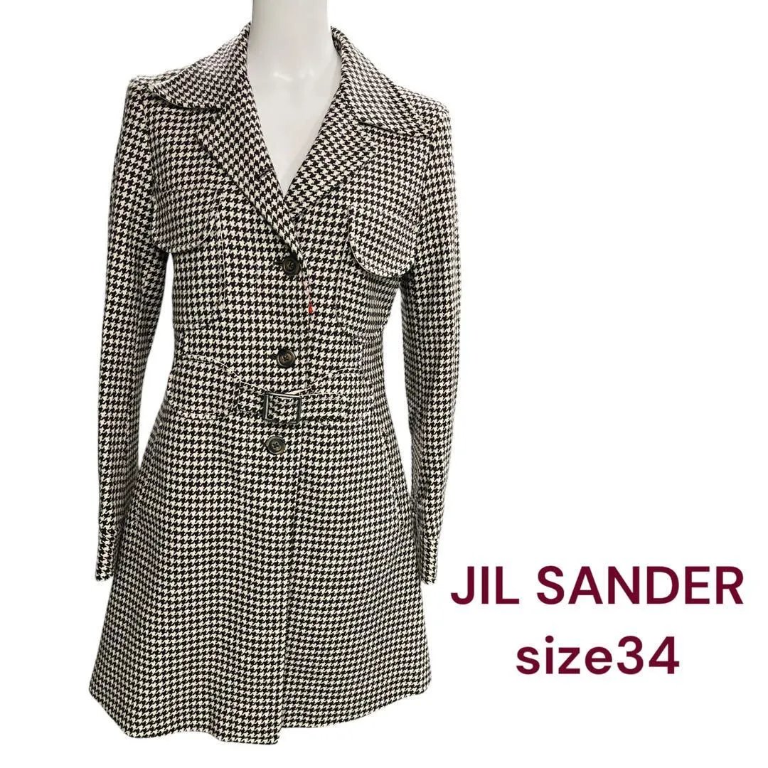 【中古】美品 JIL SANDER ウールコート カシミヤ キャメル混 34 S 7号 ジルサンダー 千鳥格子 M4K138