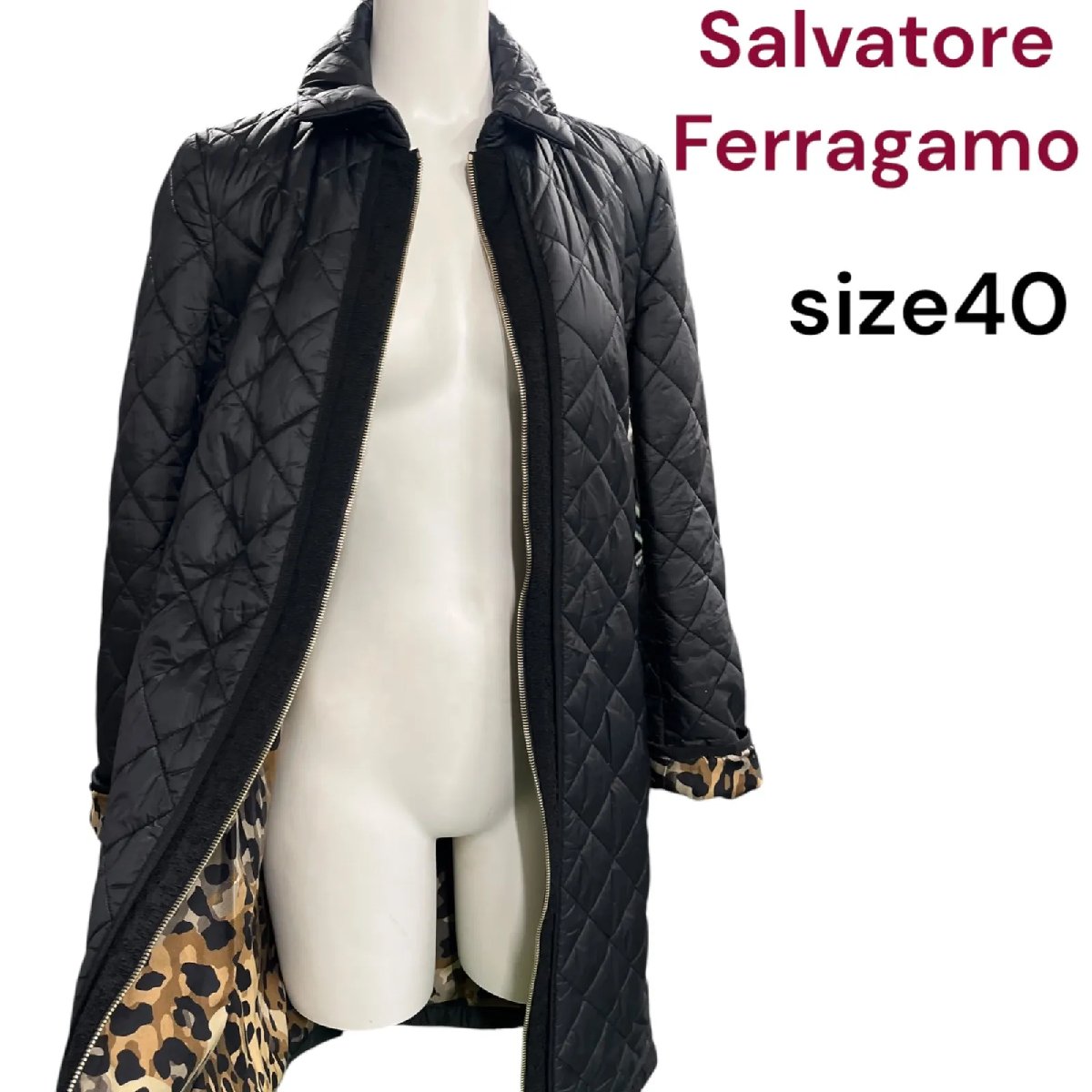 【中古】美品 サルヴァトーレフェラガモ 中綿 キルティング ナイロン 上衣 厚地の外套 40 Salvatore Ferragamo レオパード柄 M4L002