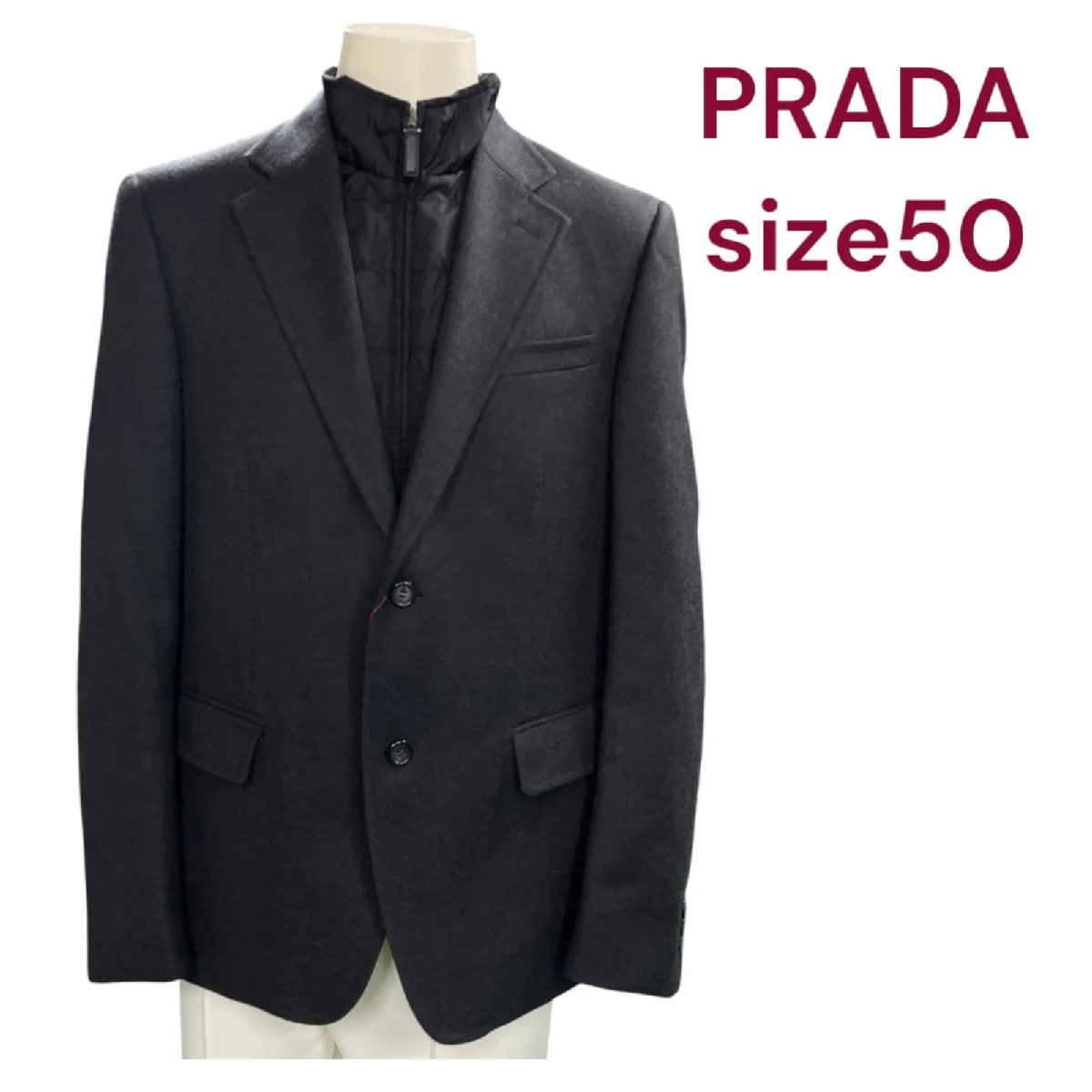 【中古】美品 プラダ ナイロンジャケット ドッキング ウールジャケット 綺麗目 サイズ50 PRADA L ウール グレー ブラック M4L023｜BRANKASTA 店
