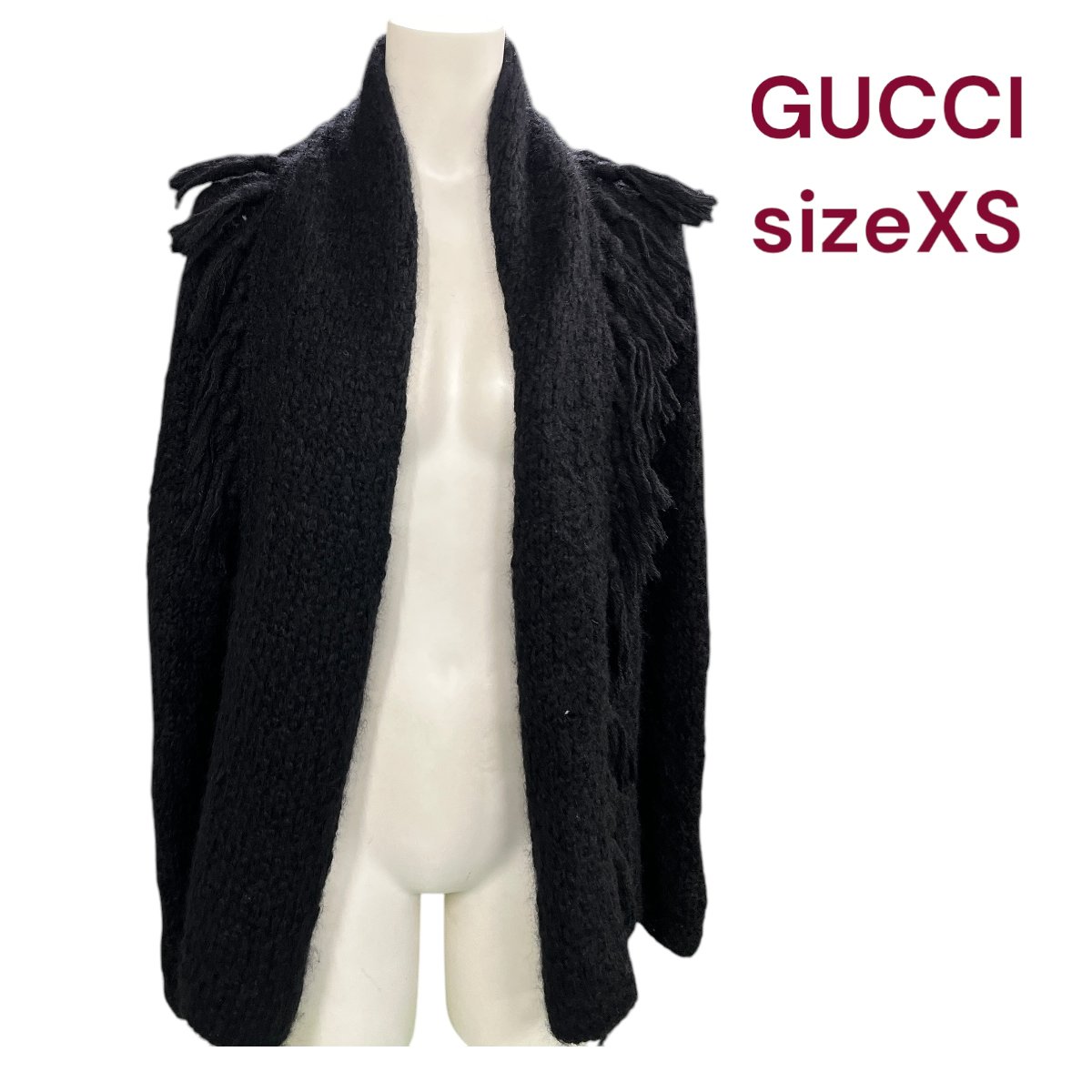 【中古】美品 GUCCI グッチ フリンジが素敵 キャメル モヘア ウール カーディガン 黒 XS 5号 M4L166|BRANKASTA 店