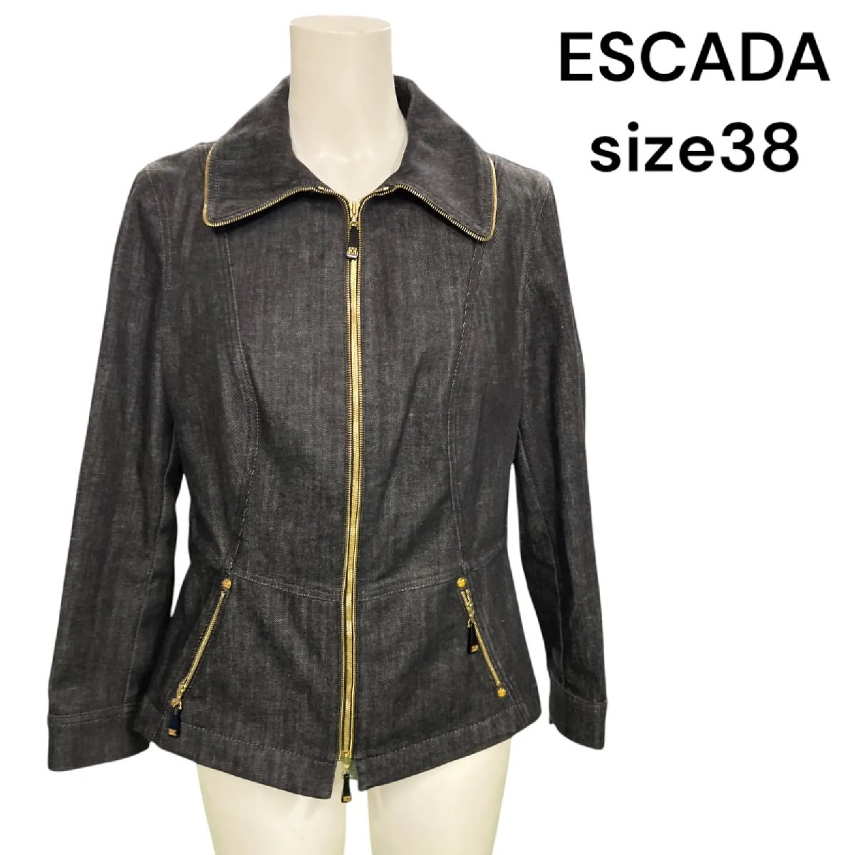 【中古】極美品 エスカーダ ESCADA ゴールドジッパー デニム ジージャン Gジャン ジャケット 38 M 9号 S4L481