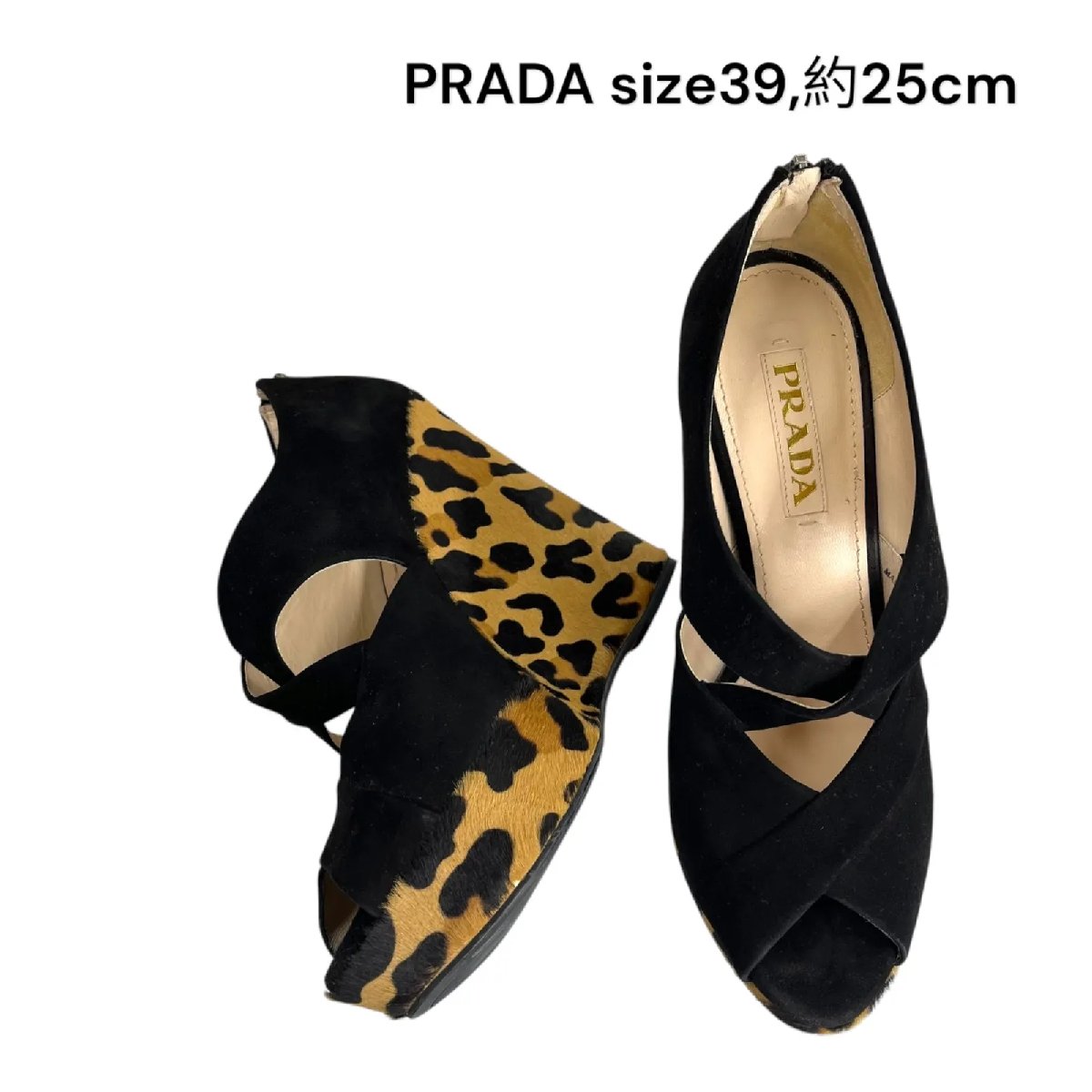 【中古】美品 プラダ PRADA レオパード ハラコ スエードクロス オープントゥパンプス 39、約25糎 レディース S5O389 靴-レディース靴